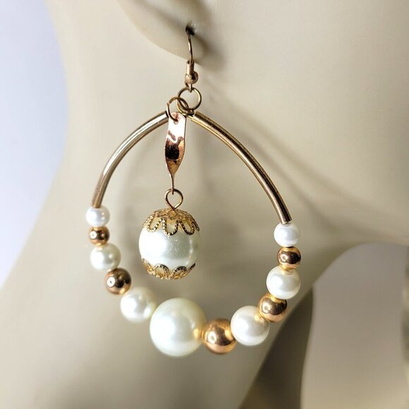 Gold Beads and White Pearl Large Hook Earrings - Picture 2 of 9